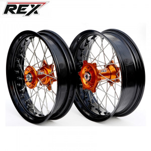 Bezdušová supermoto sada kol REX Wheels KTM EXC 16-23 GLM Blk 17x3,5 + 17x4,5 / Orange Hub 