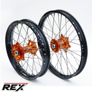 Enduro sada kol REX Wheels KTM EXC 24-.. SXF 23-.. RexFelgen Blk 21x1,6 + 18x2,15 / Orange Hub