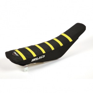 Potah sedla BudRacing Seat Cover FullTraction Suzuki RMZ450 18-24 RMZ250 19-24 Black Yellow Stripes