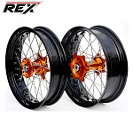 Bezdušová supermoto sada kol REX Wheels KTM EXC 24-.. GLM Blk 17x3,5 + 17x4,5 / Orange Hub 