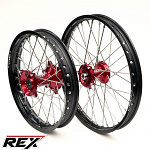 MX sada kol REX Wheels KTM SX SXF 15-22 GasGas MC 21-.. - RexFelgen Blk 21x1,6 + 19x2,15 / Red Hub