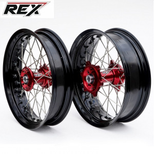 Supermoto sada kol REX Wheels Beta RR 25-.. RexFelgen Blk 17x3,5 + 17x4,5 / Red Hub