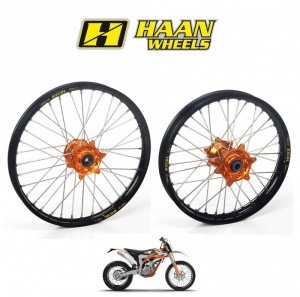 Sada kol HaanWheels KTM Freeride 250 / 350 - Excel Black 21x1,6 + 18x2,15 / Orange Hub